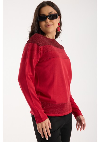 Kadın Kırmızı Viskon Kumaş Kayık Yaka Simli Triko Bluz indirimleri