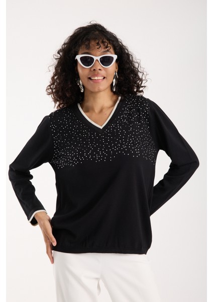 Kadın Siyah Viskon Kumaş Taş Detaylı Kontrast Sim Biyeli V Yaka Triko Bluz
