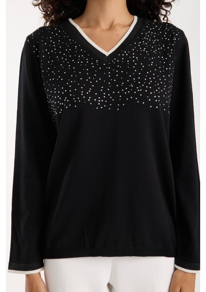 Kadın Siyah Viskon Kumaş Taş Detaylı Kontrast Sim Biyeli V Yaka Triko Bluz fiyatları