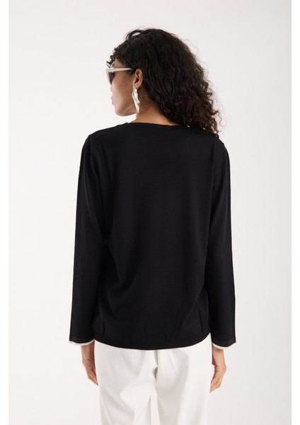 Kadın Siyah Viskon Kumaş Taş Detaylı Kontrast Sim Biyeli V Yaka Triko Bluz indirimleri