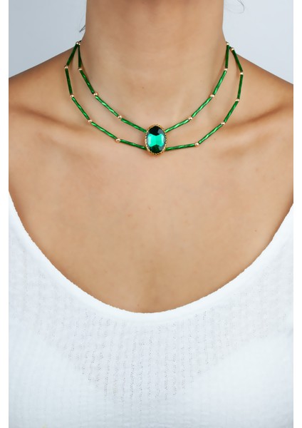 Zümrüt Görünümlü Çift Sıralı Kolye