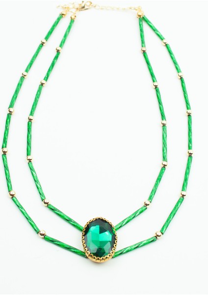 Zümrüt Görünümlü Çift Sıralı Kolye fiyatları
