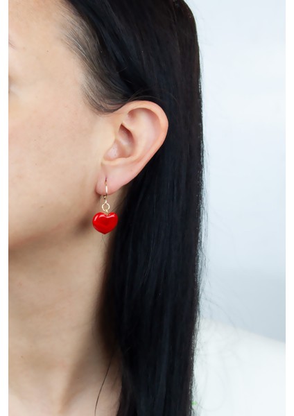 Kırmızı Murano Kalp Sallantılı Gold Küpe