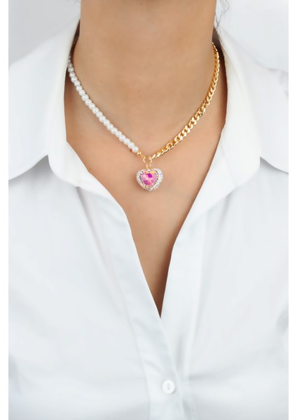 Kalp Figürlü Inci ve Zincir Kombin Kolye