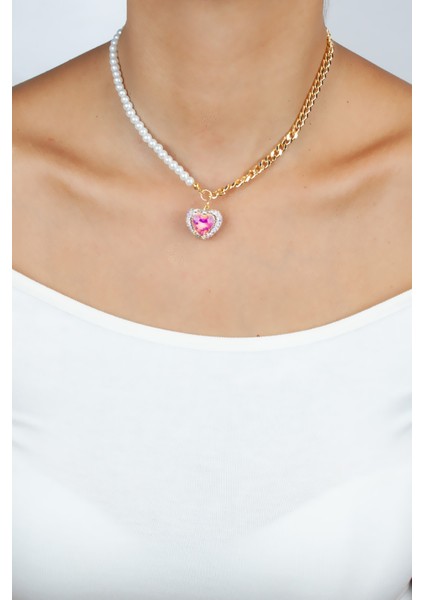 Kalp Figürlü Inci ve Zincir Kombin Kolye modelleri