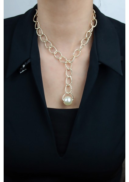 Işıltılı Gold Zincir Inci Uçlu Kolye