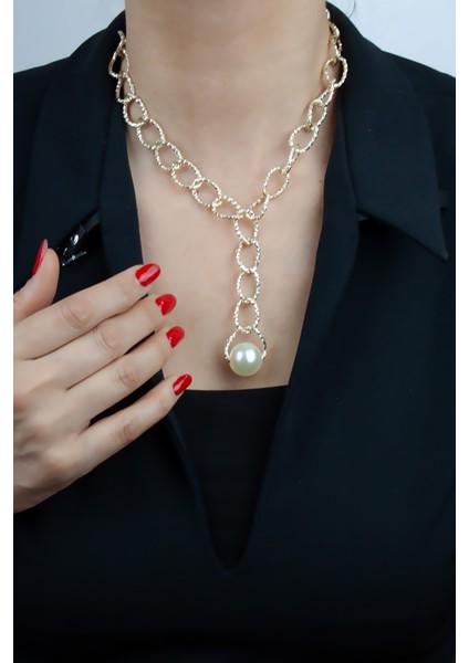 Işıltılı Gold Zincir Inci Uçlu Kolye fiyatları