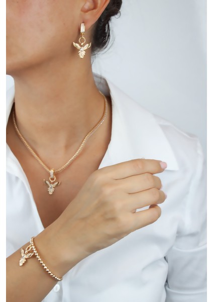 Baget Zirkon Taşlı Anka Kuş Figür Kolye Bileklik Küpe Üçlü Set