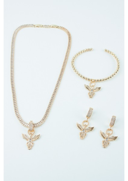 Baget Zirkon Taşlı Anka Kuş Figür Kolye Bileklik Küpe Üçlü Set fiyatları