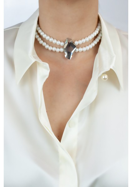 Çift Sıralı Cam Inci Büyük Kristal Taşlı Choker Kolye
