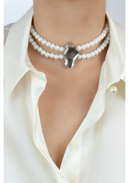 Çift Sıralı Cam Inci Büyük Kristal Taşlı Choker Kolye fiyatları