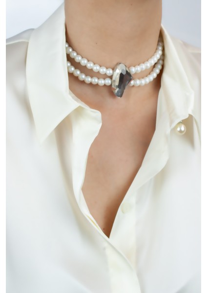Çift Sıralı Cam Inci Büyük Kristal Taşlı Choker Kolye modelleri