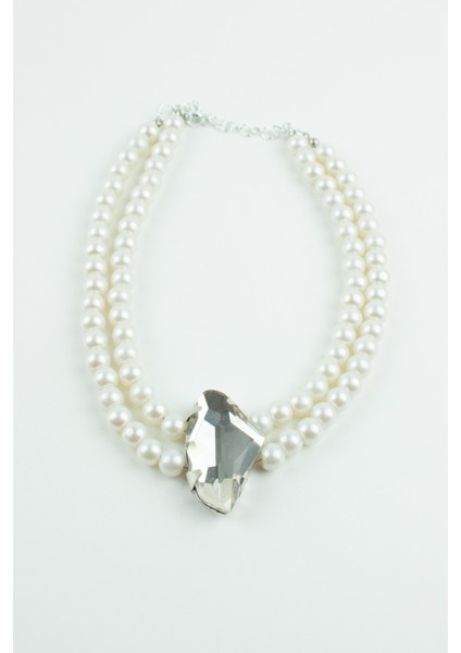 Çift Sıralı Cam Inci Büyük Kristal Taşlı Choker Kolye fırsatları