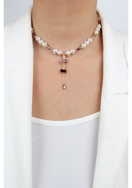 Baget Yakut Görünümlü Uçlu Cam Inci Kolye