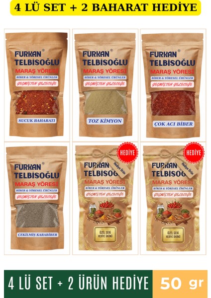Sucuk Baharatı 50GR + Çok Acı Biber 50GR + Kimyon Toz 50GR + Karabiber Toz 50GR + 2 Baharat Hediye