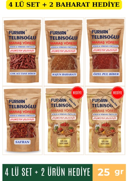 Safran (Haspir) 25GR + Kajun Baharatı 25GR + Özel Pul Biber 25GR + Çok Acı Tane Biber 25GR + 2 Baharat Hediyeafran