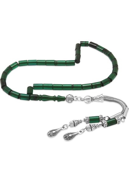 Ateş Kehribar Tesbih - Kararmaz Metal Damla Püsküllü - Yeşil Siyah - Mini Boy - Kesme Kesim