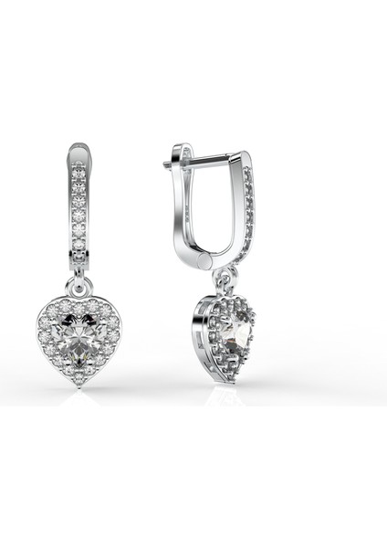 925 Ayar Zirkon Taşlı Rodyum Pırlanta Işıltılı Sallantılı Kalp Gümüş Küpe modelleri