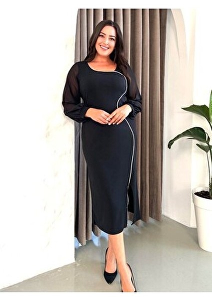 Kadın Siyah Büyük Beden Şerit Detaylı Abiye Elbise fiyatları