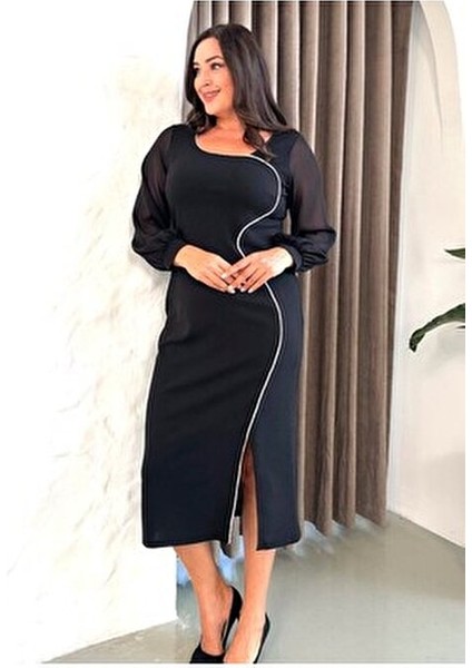 Kadın Siyah Büyük Beden Şerit Detaylı Abiye Elbise modelleri