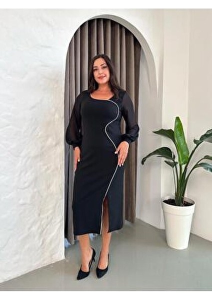 Kadın Siyah Büyük Beden Şerit Detaylı Abiye Elbise