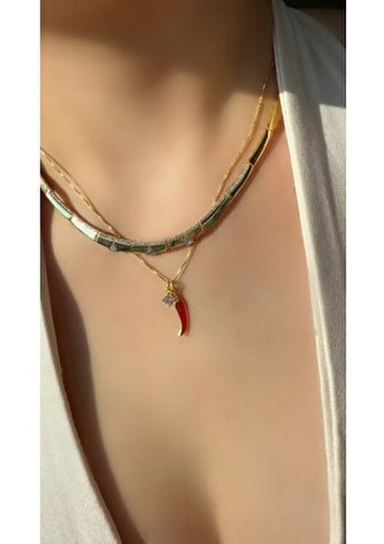 Tek Taş Detaylı Acı Biber Kolye 925 Ayar Gümüş