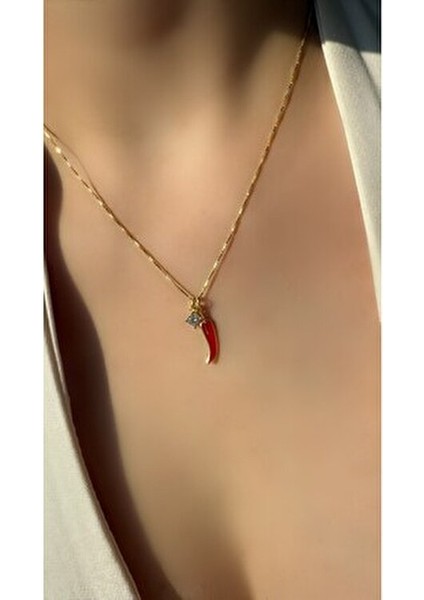 Tek Taş Detaylı Acı Biber Kolye 925 Ayar Gümüş