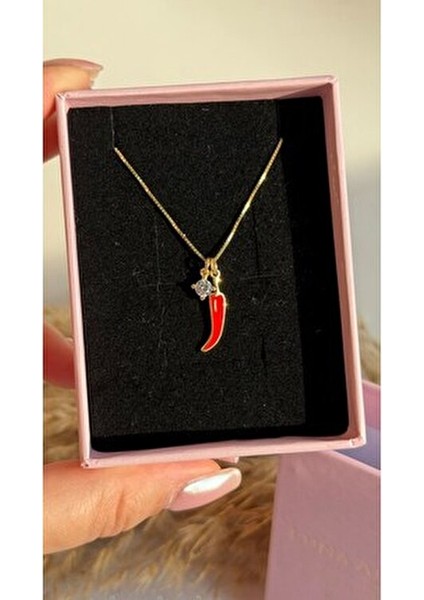 Tek Taş Detaylı Acı Biber Kolye 925 Ayar Gümüş