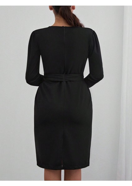 Kadın Uzun Kollu Düğme Detaylı Kendinden Kemerli Ithal Krep Elbise indirimleri