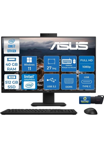 V470VAK Intelcore I7-13620H 40GB Ram 512GB SSD 27''fhd 100HZ 300NITS Allınone Bilgisayar+Usb Bellek