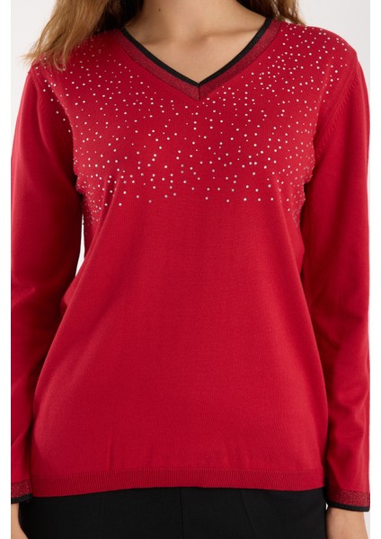 Kadın Kırmızı Viskon Kumaş Taş Detaylı Kontrast Sim Biyeli V Yaka Triko Bluz fiyatları
