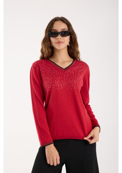 Kadın Kırmızı Viskon Kumaş Taş Detaylı Kontrast Sim Biyeli V Yaka Triko Bluz modelleri