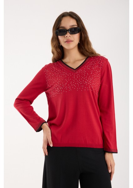 Kadın Kırmızı Viskon Kumaş Taş Detaylı Kontrast Sim Biyeli V Yaka Triko Bluz fırsatları