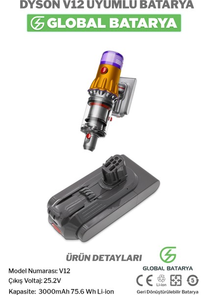 Dyson V12 Uyumlu Dikey Süpürge Bataryası 3000MAH 25.2V Li-Ion Pil