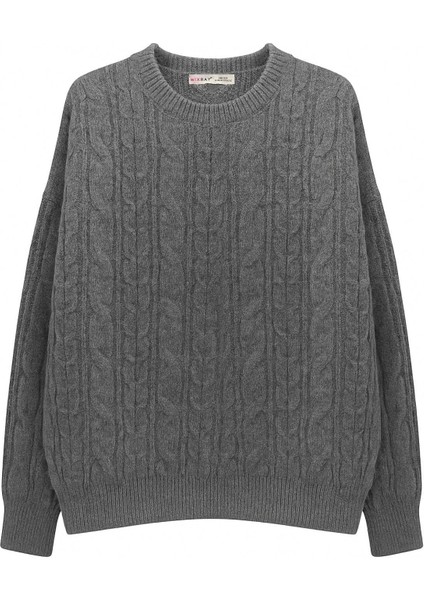 6986 Kadın Oversize Saç Örgü Yumuşak Dokulu Triko Kazak Antrasit