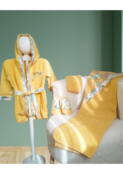 Erkek Bebek Bornoz Seti 5’li – %100 Pamuk – Antialerjenik – Sarı Dinozor Desenli fiyatları