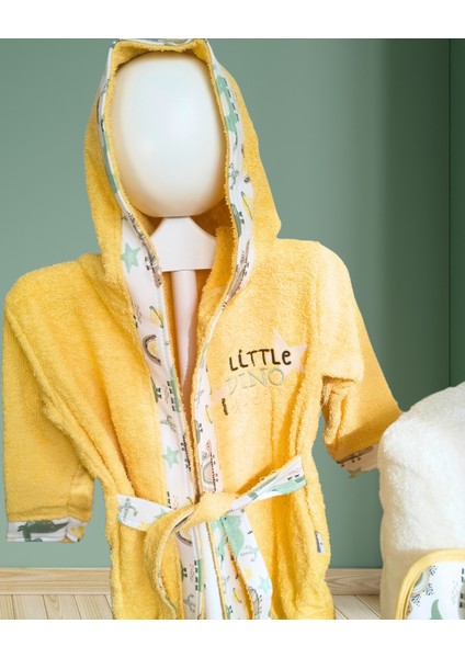 Erkek Bebek Bornoz Seti 5’li – %100 Pamuk – Antialerjenik – Sarı Dinozor Desenli modelleri