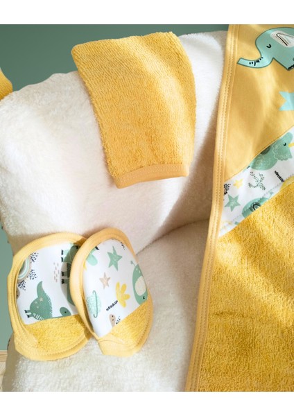 Erkek Bebek Bornoz Seti 5’li – %100 Pamuk – Antialerjenik – Sarı Dinozor Desenli fırsatları