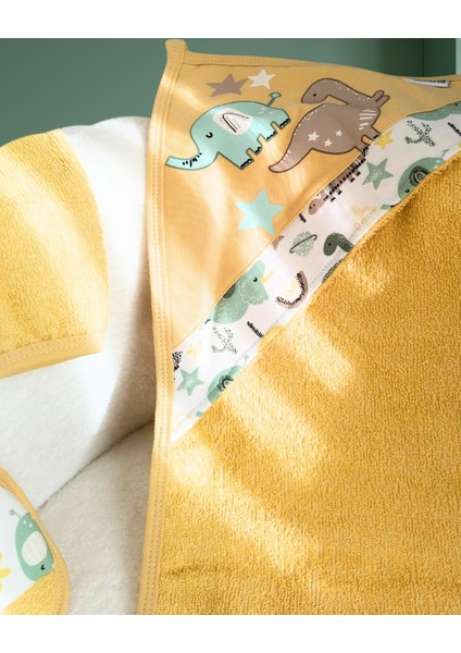 Erkek Bebek Bornoz Seti 5’li – %100 Pamuk – Antialerjenik – Sarı Dinozor Desenli indirimleri