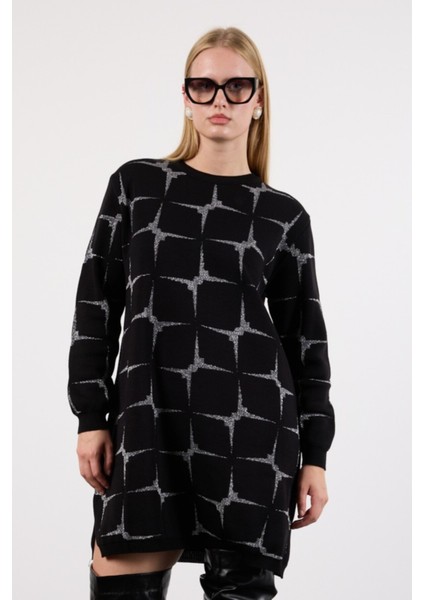 Kadın Siyah Yan Yırtmaçlı Bisiklet Yaka Sim Desenli Triko Bluz fiyatları