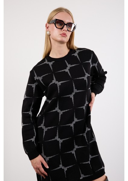 Kadın Siyah Yan Yırtmaçlı Bisiklet Yaka Sim Desenli Triko Bluz modelleri