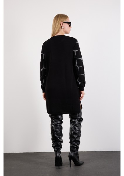 Kadın Siyah Yan Yırtmaçlı Bisiklet Yaka Sim Desenli Triko Bluz