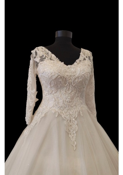 Prenses Model Dantel Büstiyerli Simli Tül A-Line Gelinlik