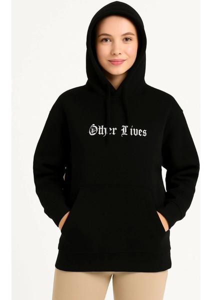 Üç Iplik Kapşonlu Ön ve Arka Baskılı Sweatshirt Hoodie- Siyah
