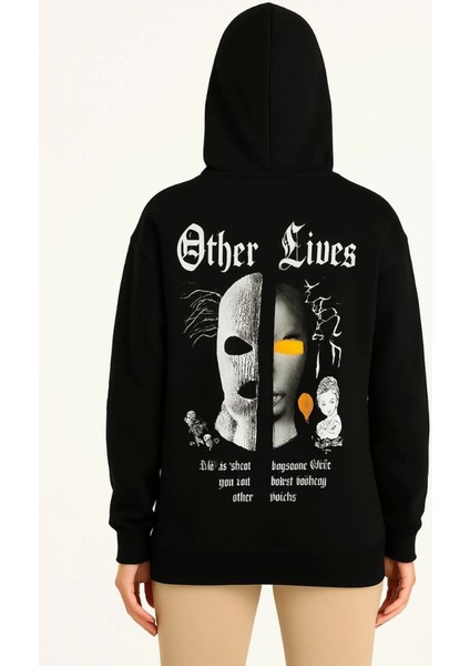 Üç Iplik Kapşonlu Ön ve Arka Baskılı Sweatshirt Hoodie- Siyah fiyatları