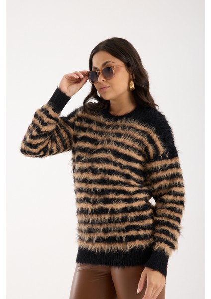 Kadın Siyah-Bej Sakal Iplik Çizgili Bisiklet Yaka Triko Kazak fiyatları