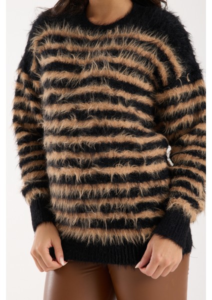 Kadın Siyah-Bej Sakal Iplik Çizgili Bisiklet Yaka Triko Kazak modelleri