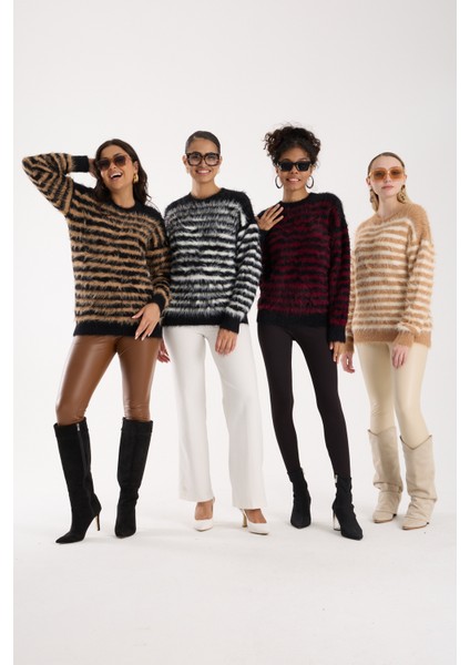 Kadın Siyah-Bej Sakal Iplik Çizgili Bisiklet Yaka Triko Kazak