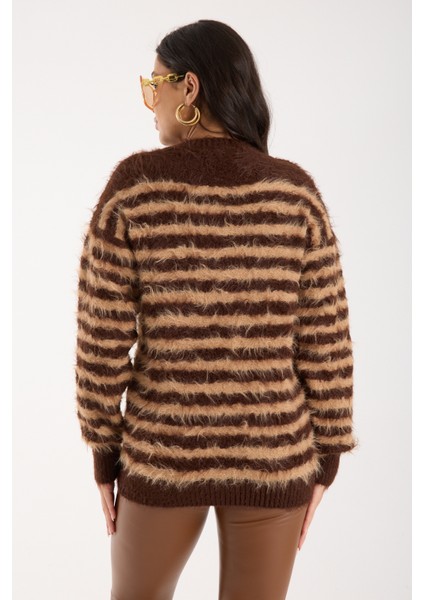 Kadın Kahve-Bej Sakal Iplik Çizgili Bisiklet Yaka Triko Kazak indirimleri