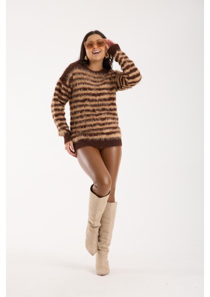 Kadın Kahve-Bej Sakal Iplik Çizgili Bisiklet Yaka Triko Kazak